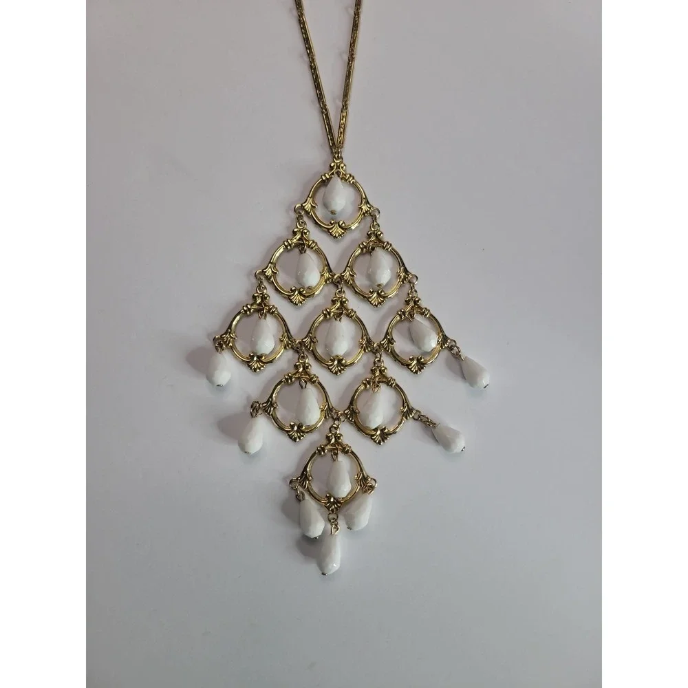 Gold Tone Chandelier Bib Necklace White Faceted Teardrop Beads Statement Necklac
